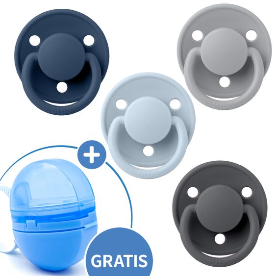 Bibs 5-tlg. Schnuller-Set - 4 Silikon-Schnuller De Lux 0-36 M + GRATIS Schnullerbox - Iron Baby Blue Cloud Steel Blue