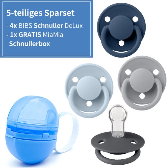 Bibs 5-tlg. Schnuller-Set - 4 Silikon-Schnuller De Lux 0-36 M + GRATIS Schnullerbox - Iron Baby Blue Cloud Steel Blue