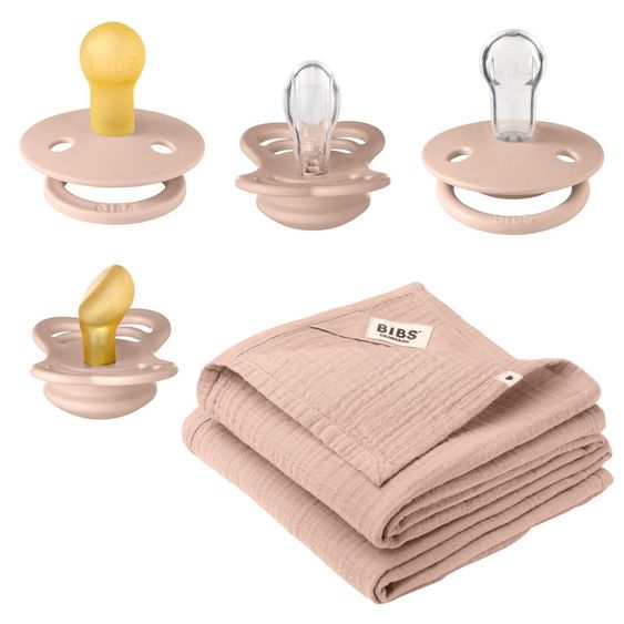 Bibs 6-tlg. Geschenk-Set Schnuller Probierset Try-it Collection 0-6 M + 2 Mulltücher - Blush