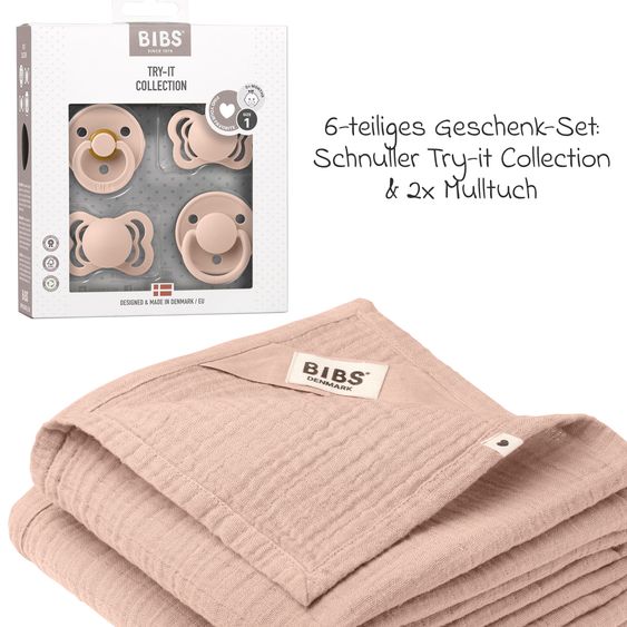 Bibs 6-tlg. Geschenk-Set Schnuller Probierset Try-it Collection 0-6 M + 2 Mulltücher - Blush