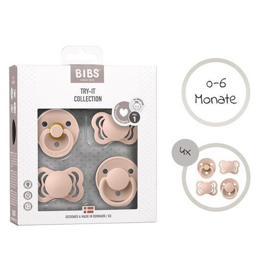 Bibs 6-tlg. Geschenk-Set Schnuller Probierset Try-it Collection 0-6 M + 2 Mulltücher - Blush