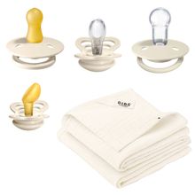 6-tlg. Geschenk-Set Schnuller Probierset Try-it Collection 0-6 M + 2 Mulltücher - Ivory