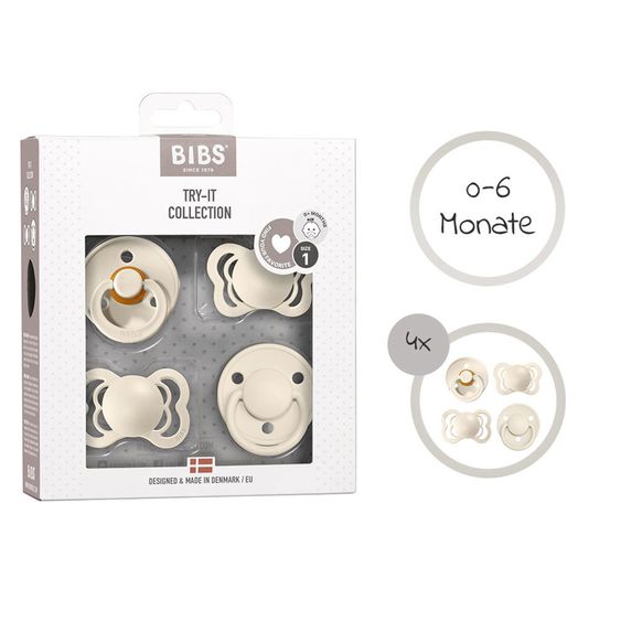 Bibs 6-tlg. Geschenk-Set Schnuller Probierset Try-it Collection 0-6 M + 2 Mulltücher - Ivory