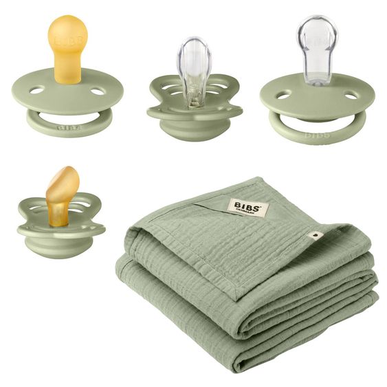 Bibs 6-tlg. Geschenk-Set Schnuller Probierset Try-it Collection 0-6 M + 2 Mulltücher - Sage