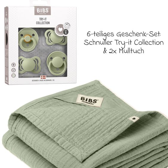 Bibs 6-tlg. Geschenk-Set Schnuller Probierset Try-it Collection 0-6 M + 2 Mulltücher - Sage