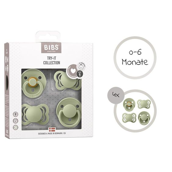 Bibs 6-tlg. Geschenk-Set Schnuller Probierset Try-it Collection 0-6 M + 2 Mulltücher - Sage