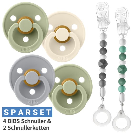 Bibs 6-tlg. Schnuller-Set - 4 Latex-Schnuller Colour 0-6 M + 2 Silikon-Schnullerketten - Cloud Sage Ivory