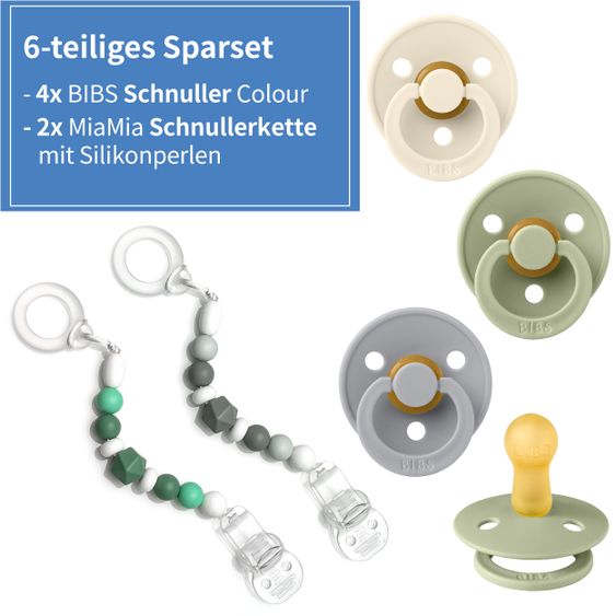 Bibs 6-tlg. Schnuller-Set - 4 Latex-Schnuller Colour 0-6 M + 2 Silikon-Schnullerketten - Cloud Sage Ivory