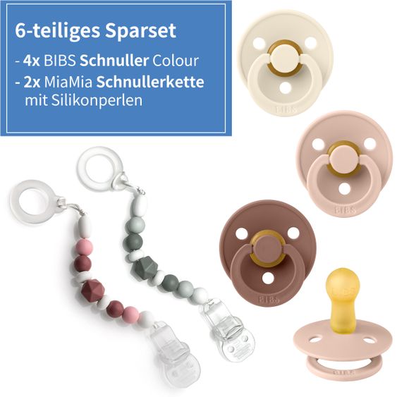 Bibs 6-tlg. Schnuller-Set - 4 Latex-Schnuller Colour 0-6 M + 2 Silikon-Schnullerketten - Woodchuk Blush Ivory