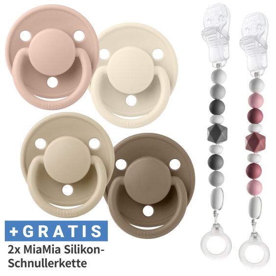 Bibs 6-tlg. Schnuller-Set - 4 Silikon-Schnuller De Lux 0-36 M + GRATIS 2x Silikon-Schnullerkette - Ivory Blush Vanilla Dark Oak