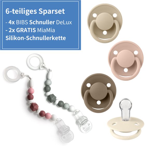 Bibs 6-tlg. Schnuller-Set - 4 Silikon-Schnuller De Lux 0-36 M + GRATIS 2x Silikon-Schnullerkette - Ivory Blush Vanilla Dark Oak