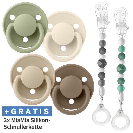 Bibs 6 pcs Pacifier Set - 4 Silicone Pacifiers De Lux 0-36 M + FREE 2x Silicone Pacifier Chain - Ivory Sage Vanilla Dark Oak