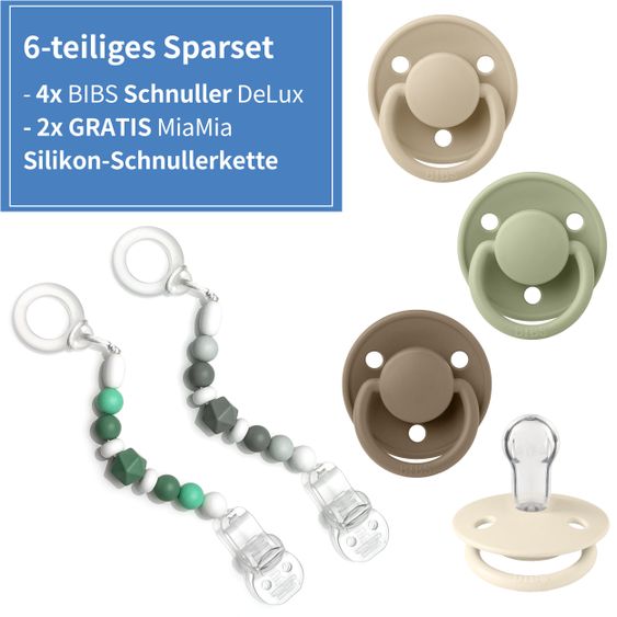 Bibs 6-tlg. Schnuller-Set - 4 Silikon-Schnuller De Lux 0-36 M + GRATIS 2x Silikon-Schnullerkette - Ivory Sage Vanilla Dark Oak