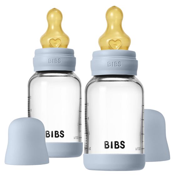 Bibs Glas-Flasche 2er Pack Baby Bottle Round 120 ml + Latex-Trinksauger - Baby Blue