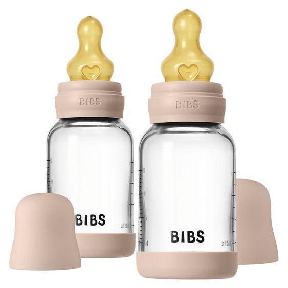 Bibs Glas-Flasche 2er Pack Baby Bottle Round 120 ml + Latex-Trinksauger - Blush