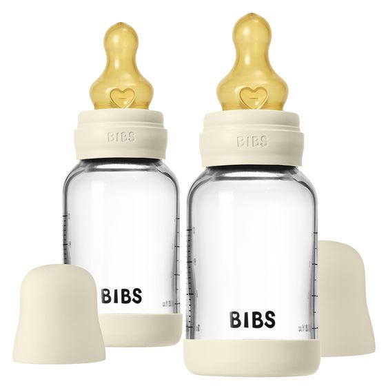 Bibs Glas-Flasche 2er Pack Baby Bottle Round 120 ml + Latex-Trinksauger - Ivory