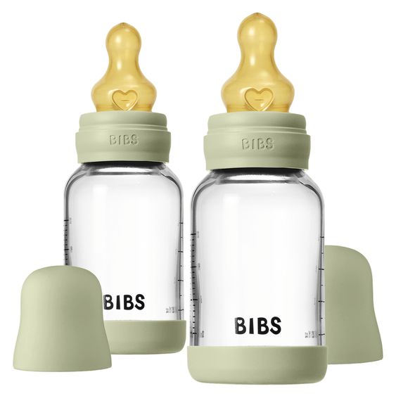 Bibs Glas-Flasche 2er Pack Baby Bottle Round 120 ml + Latex-Trinksauger - Sage