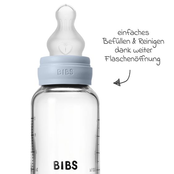 Bibs Glas-Flasche 2er Pack Baby Bottle Round 120 ml + Silikon-Trinksauger - Baby Blue