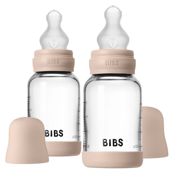 Bibs Glas-Flasche 2er Pack Baby Bottle Round 120 ml + Silikon-Trinksauger - Blush