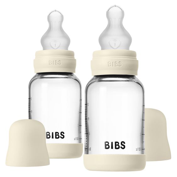 Bibs Glas-Flasche 2er Pack Baby Bottle Round 120 ml + Silikon-Trinksauger - Ivory