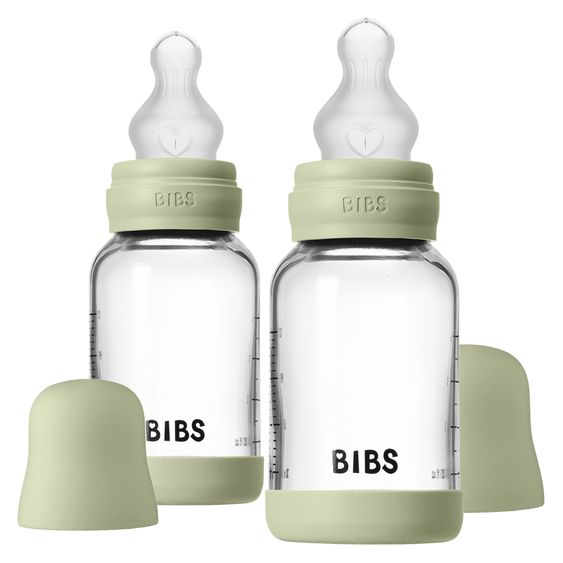 Bibs Glas-Flasche 2er Pack Baby Bottle Round 120 ml + Silikon-Trinksauger - Sage