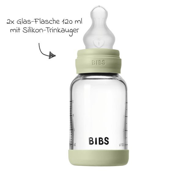 Bibs Glas-Flasche 2er Pack Baby Bottle Round 120 ml + Silikon-Trinksauger - Sage