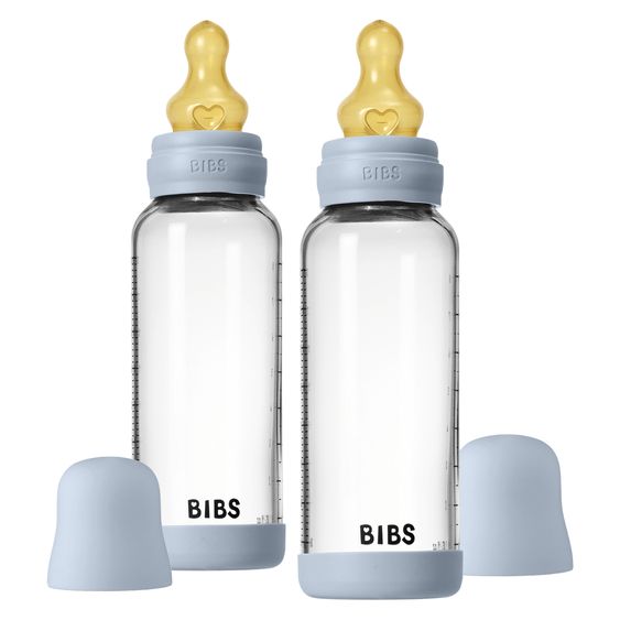 Bibs Glas-Flasche 2er Pack Baby Bottle Round 240 ml + Latex-Trinksauger - Baby Blue