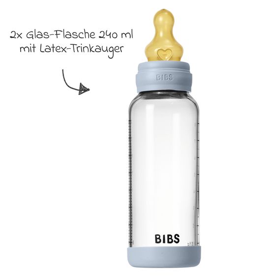 Bibs Glas-Flasche 2er Pack Baby Bottle Round 240 ml + Latex-Trinksauger - Baby Blue