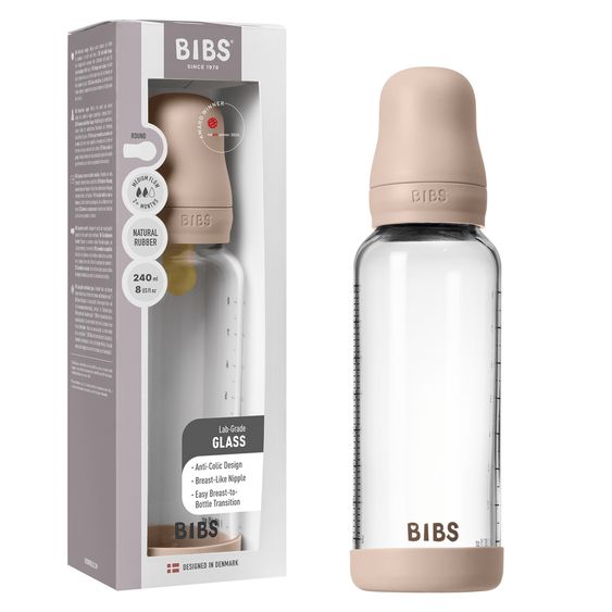 Bibs Glas-Flasche 2er Pack Baby Bottle Round 240 ml + Latex-Trinksauger - Blush