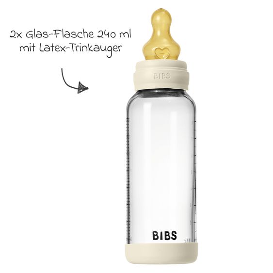 Bibs Glas-Flasche 2er Pack Baby Bottle Round 240 ml + Latex-Trinksauger - Ivory