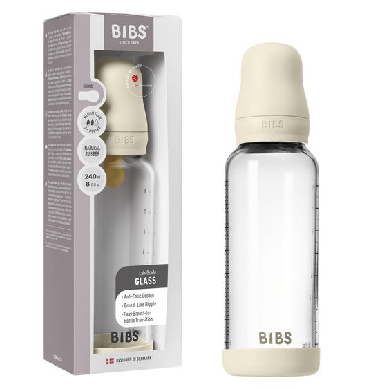 Bibs Glas-Flasche 2er Pack Baby Bottle Round 240 ml + Latex-Trinksauger - Ivory