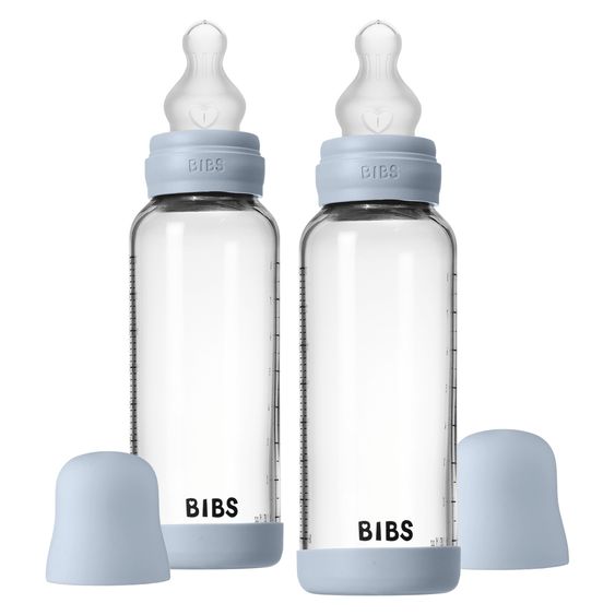 Bibs Glas-Flasche 2er Pack Baby Bottle Round 240 ml + Silikon-Trinksauger - Baby Blue