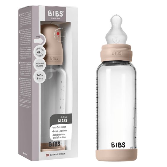 Bibs Glas-Flasche 2er Pack Baby Bottle Round 240 ml + Silikon-Trinksauger - Blush