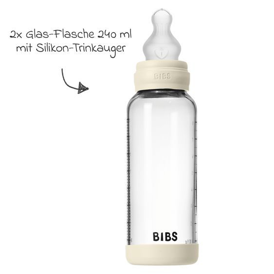 Bibs Glas-Flasche 2er Pack Baby Bottle Round 240 ml + Silikon-Trinksauger - Ivory