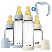 Glas-Flasche 4er Pack mit Griff Baby Bottle Round 120 ml & 240 ml + Latex-Trinksauger + Baby Bottle Handle - Ivory / Baby Blue