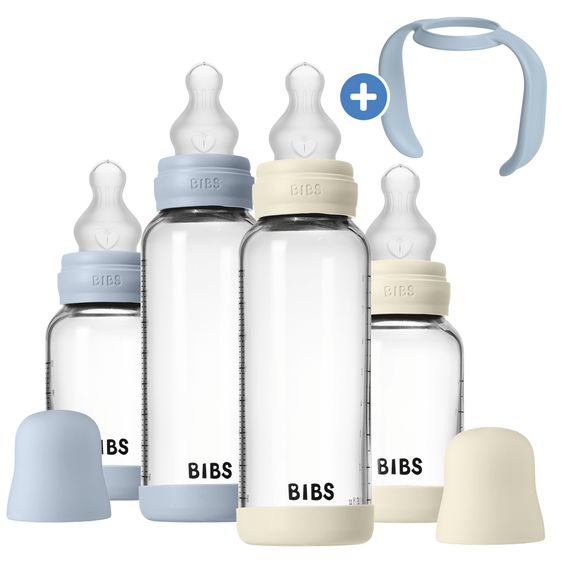 Bibs Glas-Flasche 4er Pack mit Griff Baby Bottle Round 120 ml & 240 ml + Silikon-Trinksauger + Baby Bottle Handle - Ivory / Baby Blue