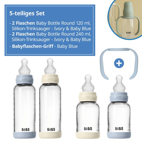 Bibs Glas-Flasche 4er Pack mit Griff Baby Bottle Round 120 ml & 240 ml + Silikon-Trinksauger + Baby Bottle Handle - Ivory / Baby Blue