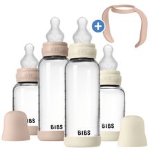 Glas-Flasche 4er Pack mit Griff Baby Bottle Round 120 ml & 240 ml + Silikon-Trinksauger + Baby Bottle Handle - Ivory / Blush