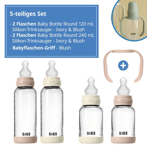 Bibs Glas-Flasche 4er Pack mit Griff Baby Bottle Round 120 ml & 240 ml + Silikon-Trinksauger + Baby Bottle Handle - Ivory / Blush