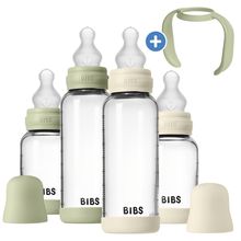 Glas-Flasche 4er Pack mit Griff Baby Bottle Round 120 ml & 240 ml + Silikon-Trinksauger + Baby Bottle Handle - Ivory / Sage