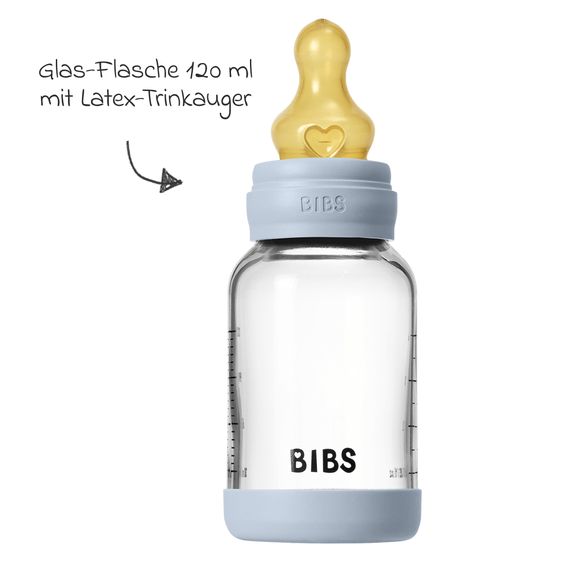 Bibs Bottiglia di vetro per neonati rotonda 120 ml + tettarella in lattice a flusso lento - Baby Blue
