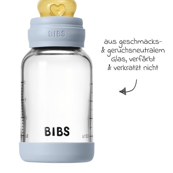 Bibs Bottiglia di vetro per neonati rotonda 120 ml + tettarella in lattice a flusso lento - Baby Blue