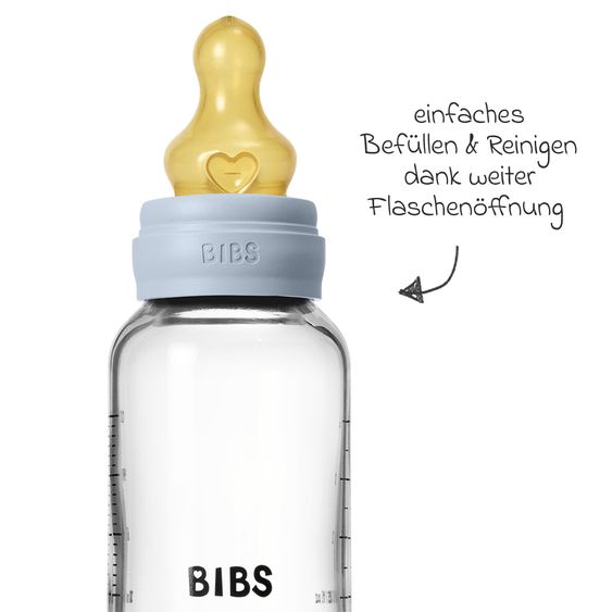 Bibs Bottiglia di vetro per neonati rotonda 120 ml + tettarella in lattice a flusso lento - Baby Blue