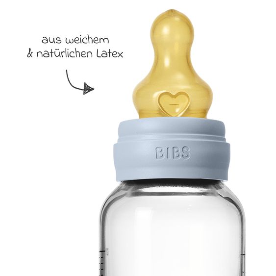 Bibs Bottiglia di vetro per neonati rotonda 120 ml + tettarella in lattice a flusso lento - Baby Blue
