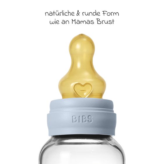 Bibs Bottiglia di vetro per neonati rotonda 120 ml + tettarella in lattice a flusso lento - Baby Blue