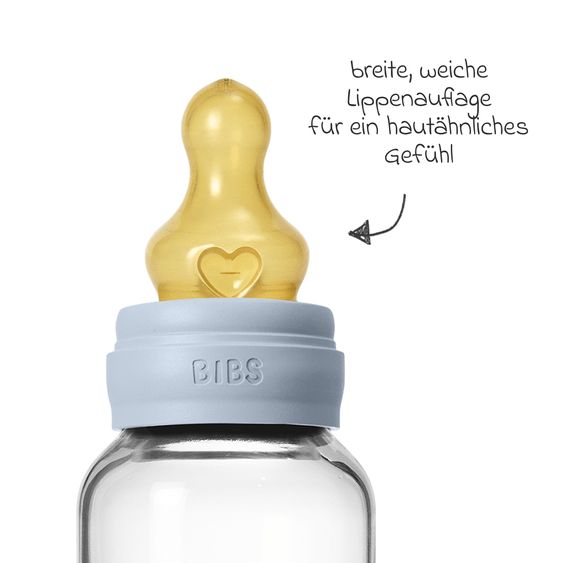 Bibs Bottiglia di vetro per neonati rotonda 120 ml + tettarella in lattice a flusso lento - Baby Blue