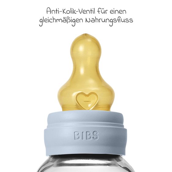 Bibs Bottiglia di vetro per neonati rotonda 120 ml + tettarella in lattice a flusso lento - Baby Blue