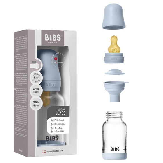 Bibs Bottiglia di vetro per neonati rotonda 120 ml + tettarella in lattice a flusso lento - Baby Blue