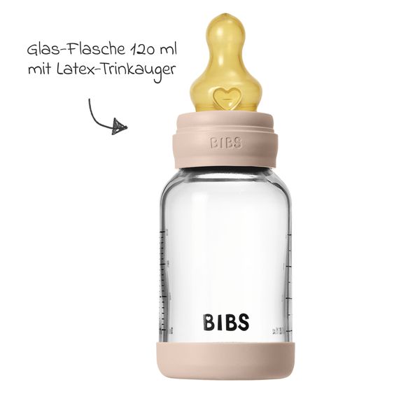 Bibs Bottiglia di vetro per neonati rotonda 120 ml + tettarella in lattice a flusso lento - Blush