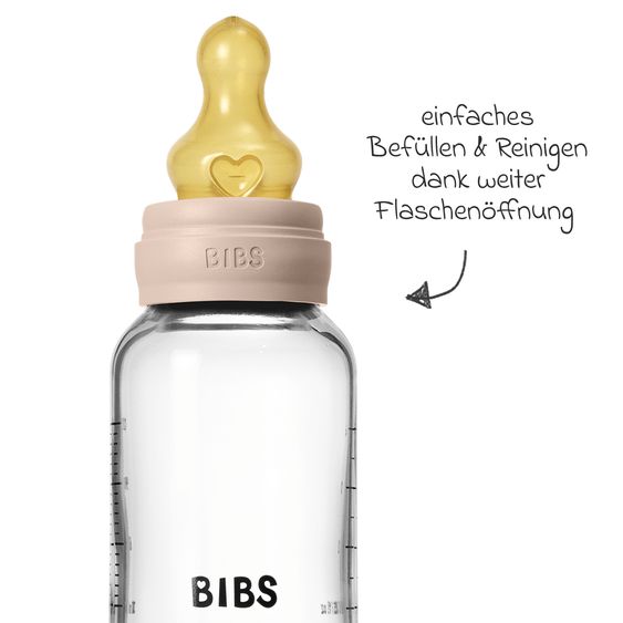 Bibs Bottiglia di vetro per neonati rotonda 120 ml + tettarella in lattice a flusso lento - Blush